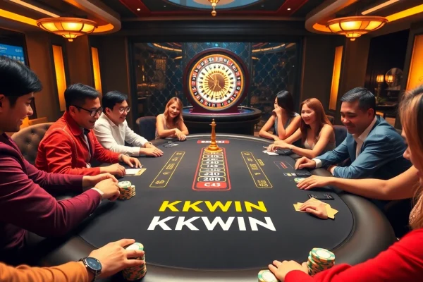 Excited players enjoying a KKWIN poker game at a luxurious casino table.