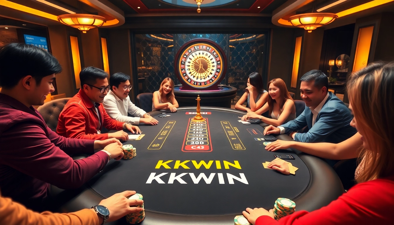 Excited players enjoying a KKWIN poker game at a luxurious casino table.