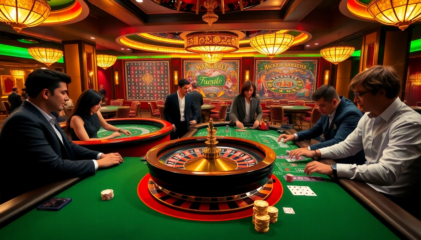 Luck8 players enjoying high-stakes excitement at a vibrant casino scene with roulette and poker.