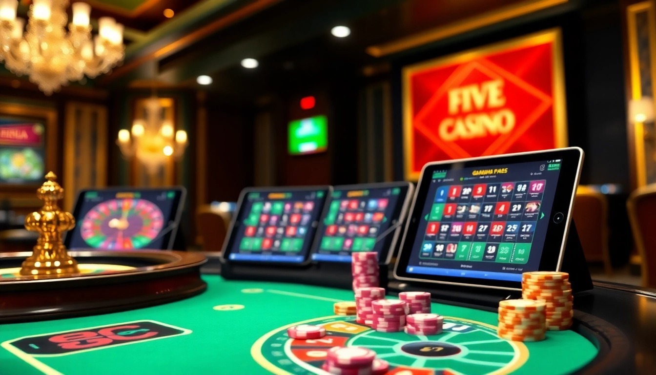 Engaging casino scene featuring vibrant gambling action on a site de pari en ligne. High-end poker table and roulette wheel.
