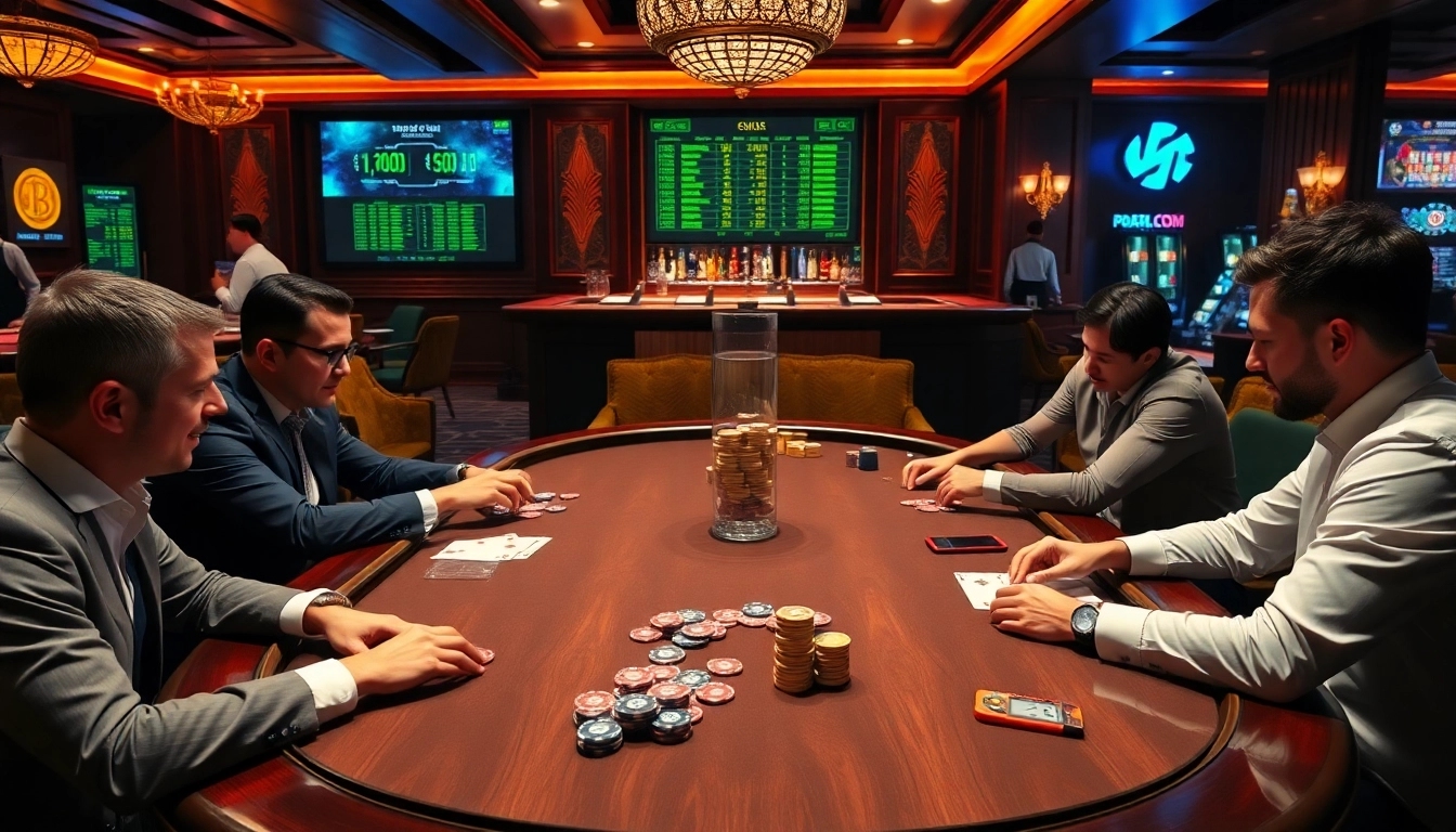 Engaging scene at crypto casinos featuring players in a high-stakes poker game.