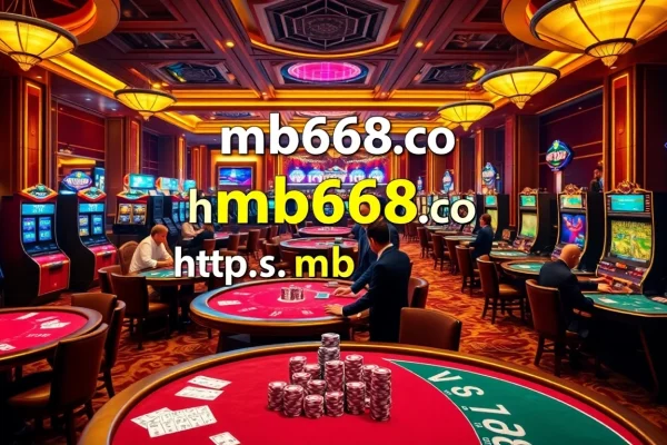 Engaging scene of players betting at https://mb668.co/, featuring luxurious casino elements like poker chips and digital tables.