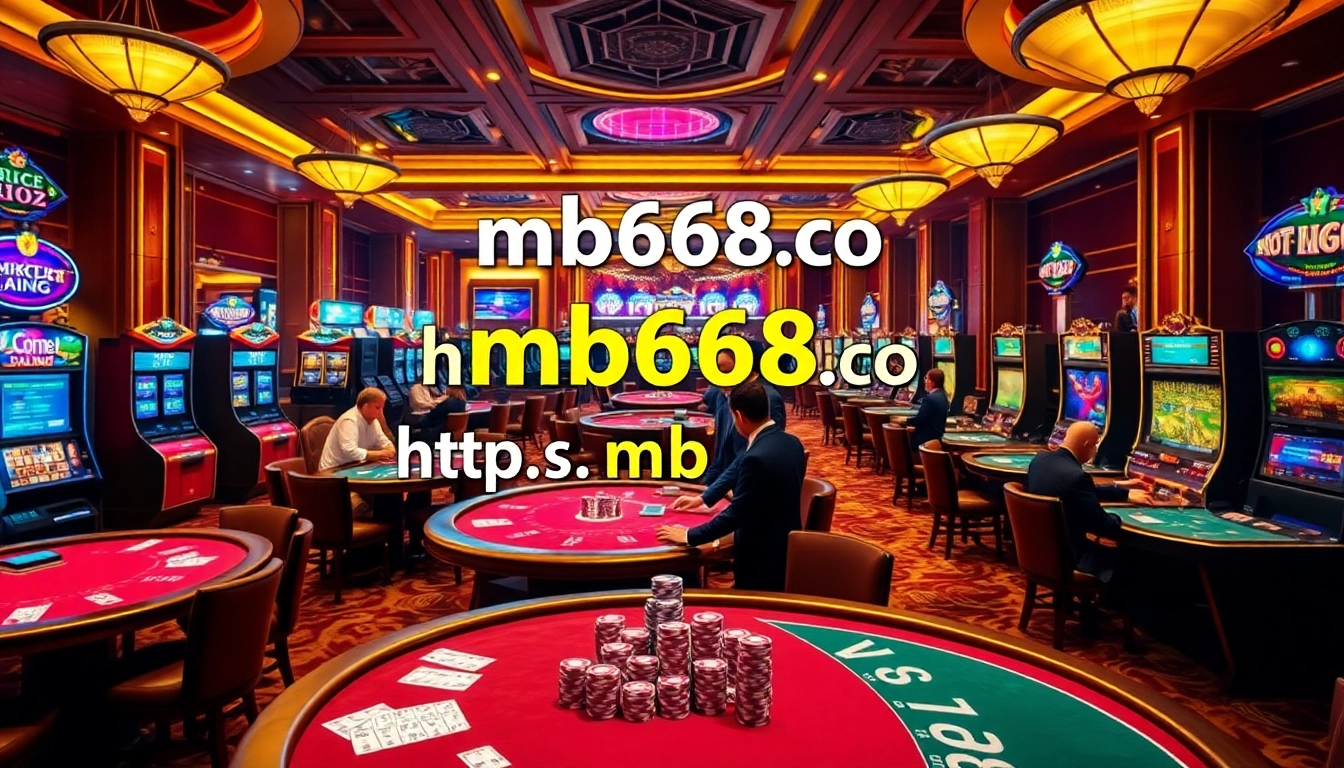 Engaging scene of players betting at https://mb668.co/, featuring luxurious casino elements like poker chips and digital tables.