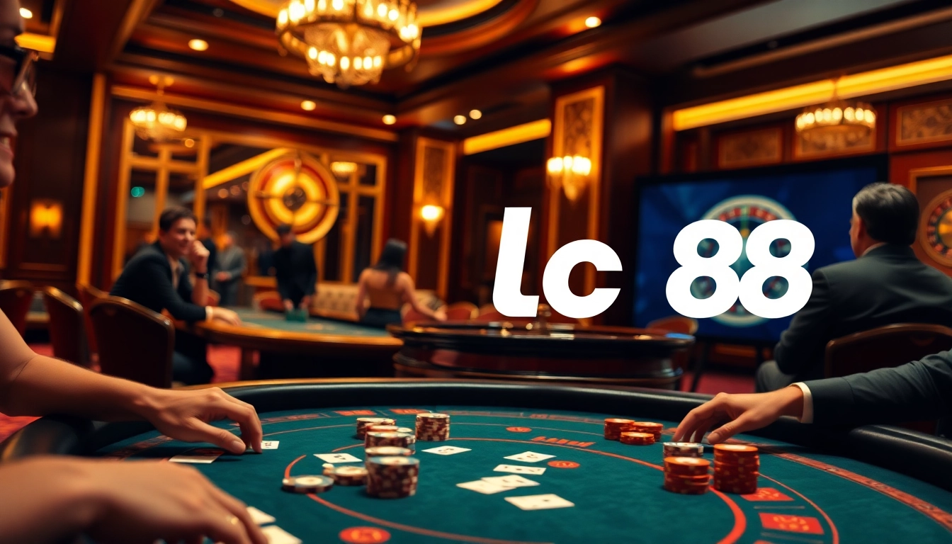 Players experiencing a thrilling poker game at lc88 casino, highlighting high stakes and excitement.