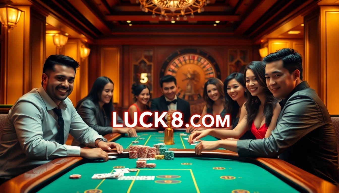Players enjoying a thrilling poker game at LUCK8.COM-inspired casino table, showcasing excitement and strategy.