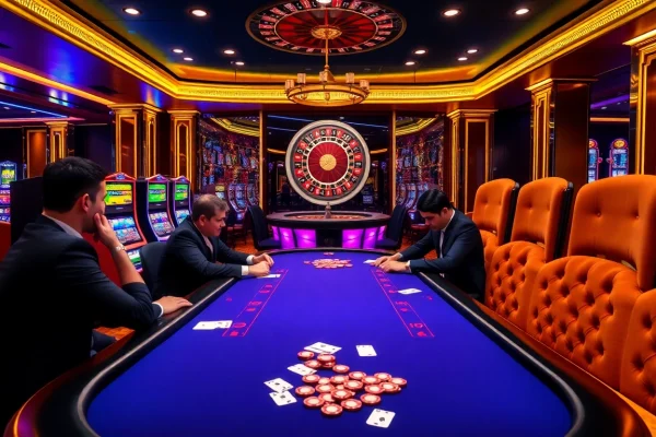 Experience the thrills of qq88 com with professional poker gameplay amid vibrant casino lights.