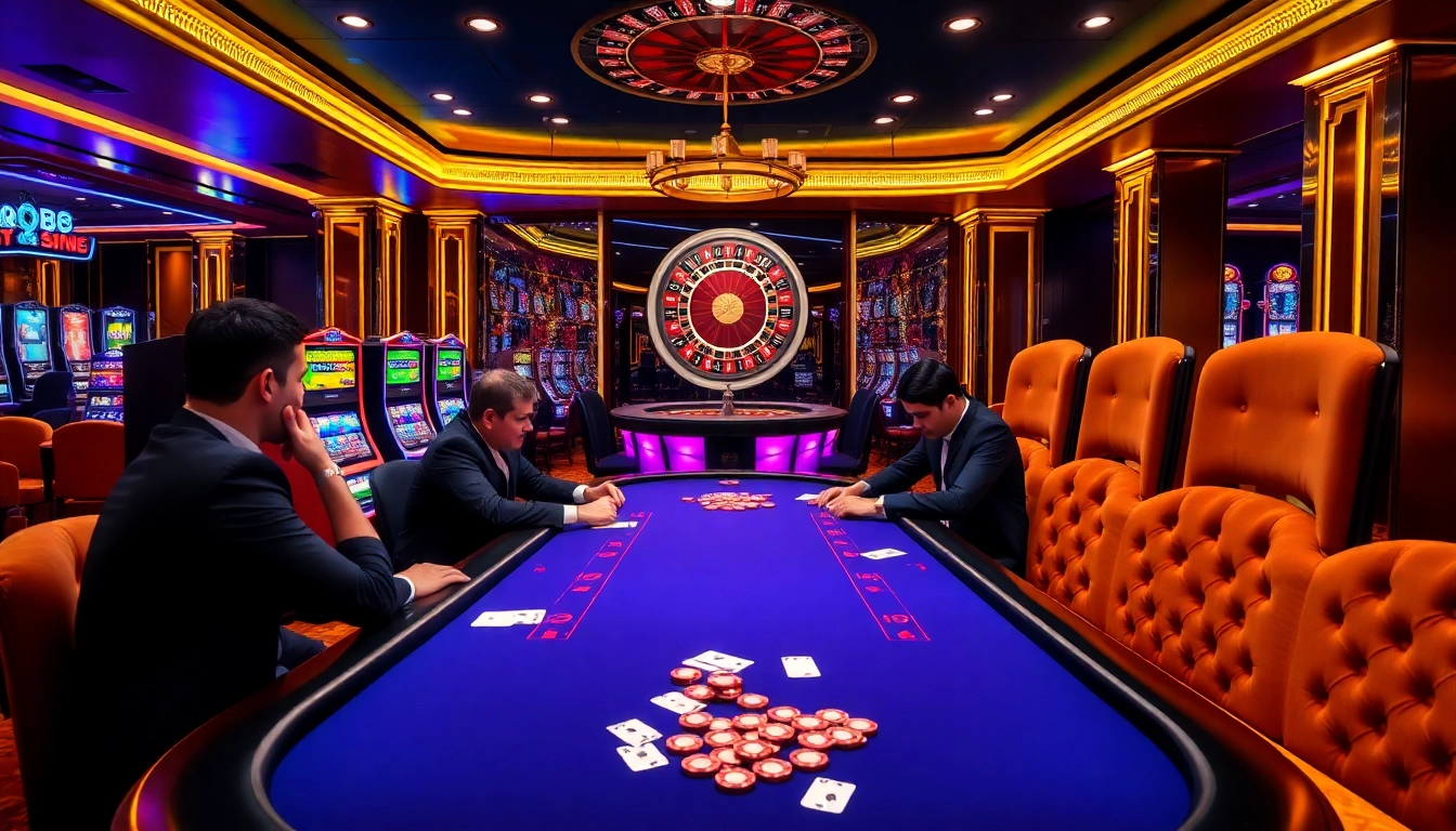 Experience the thrills of qq88 com with professional poker gameplay amid vibrant casino lights.