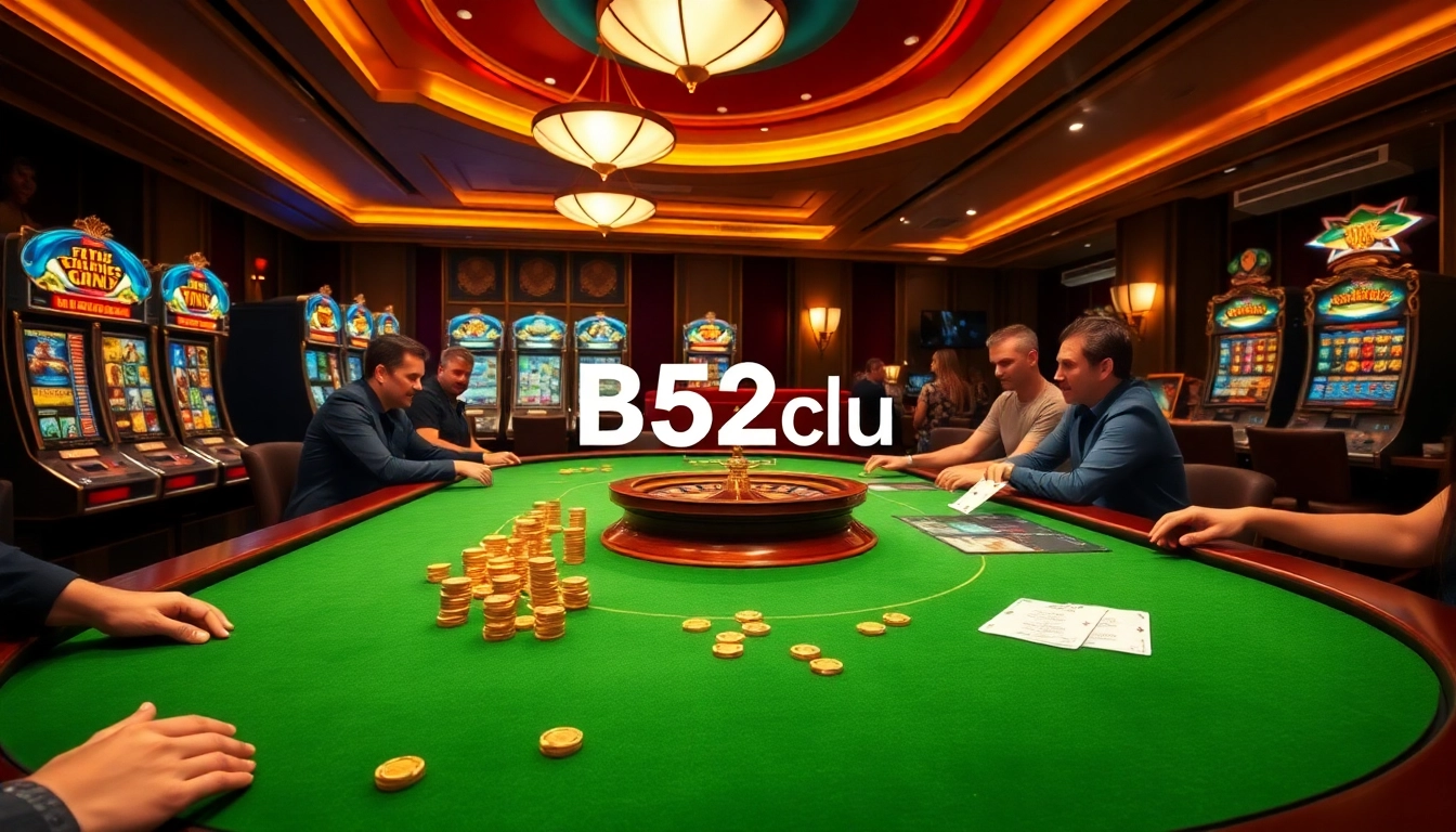 B52club players enjoying an engaging game of poker at a luxury casino table.