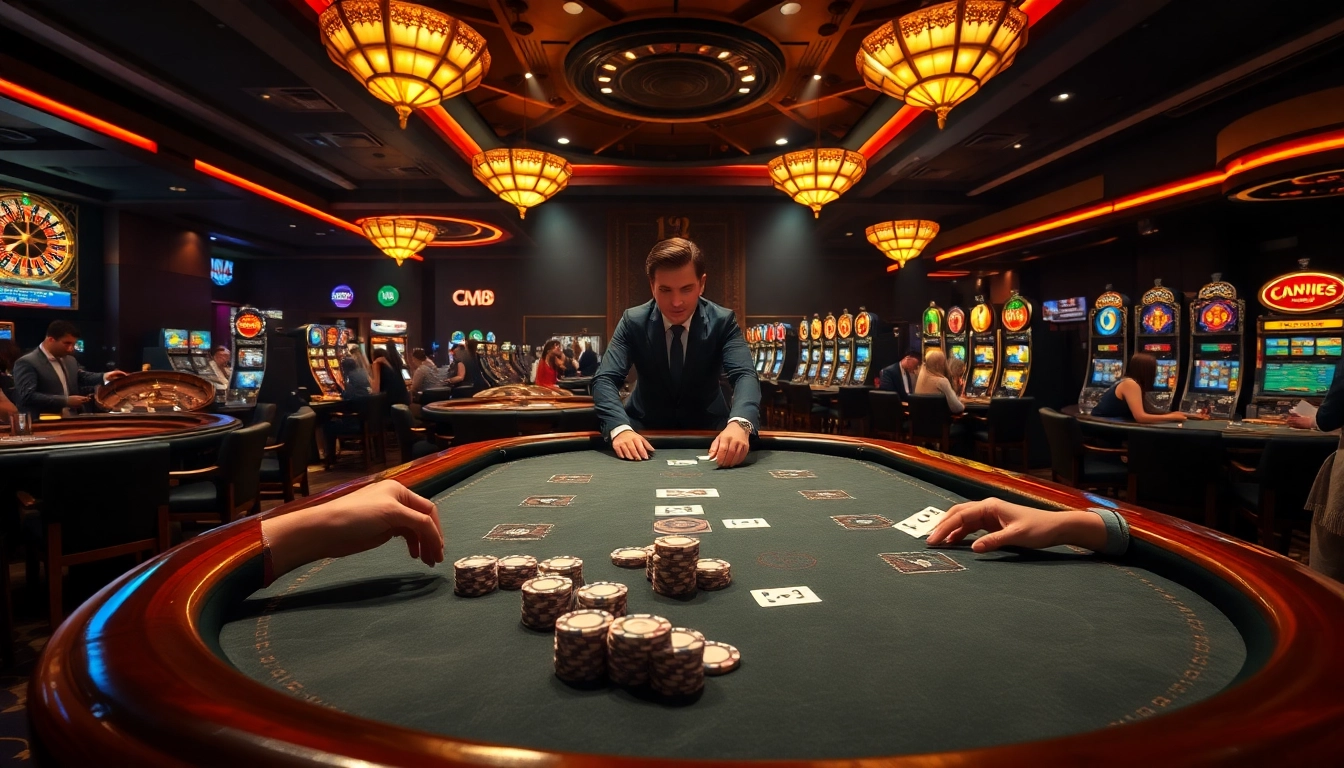 Experience thrilling poker action at CM88 with colorful chips and dazzling casino lights.