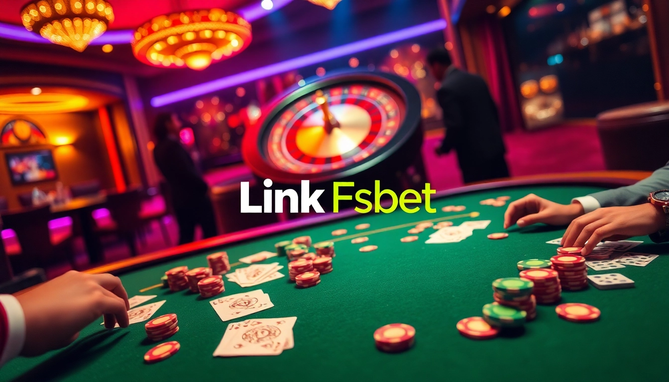 Engaging players at a high-stakes poker table, highlighting Link Fsbet's thrilling casino atmosphere.
