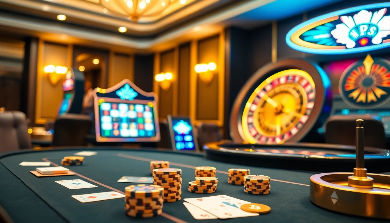 Exciting casino crypto gaming scene showcasing poker tables, slot machines, and roulette wheel