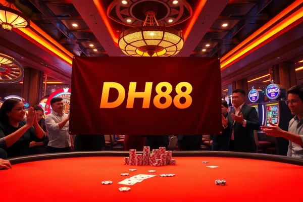 Players engage at the DH88 poker table amidst dazzling casino décor.