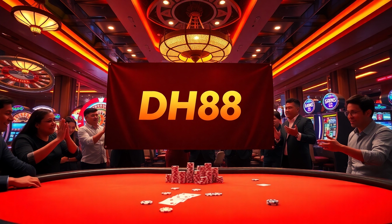 Players engage at the DH88 poker table amidst dazzling casino décor.