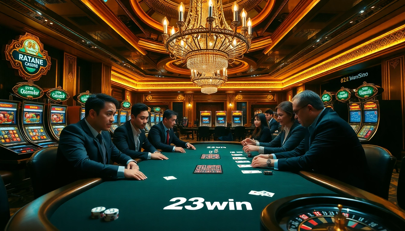 Players enjoy a thrilling poker game at 23win's luxurious casino table, showcasing excitement and high-stakes action.