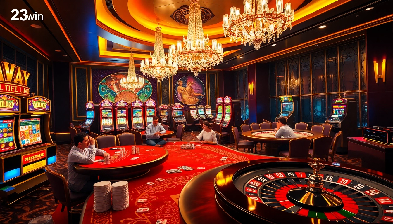 Experience the thrilling gaming atmosphere at nhà cái 23win with dazzling tables, slot machines, and engaged players.
