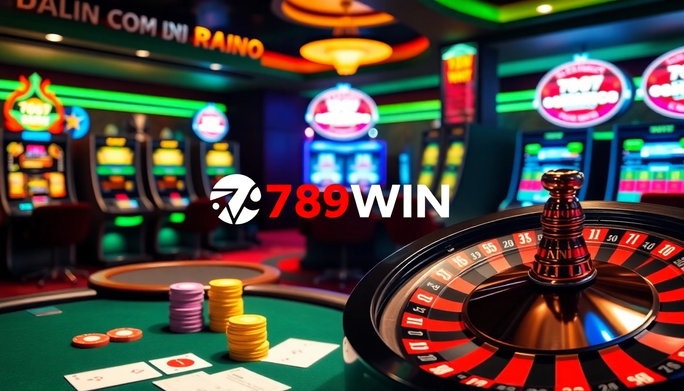 Experience the excitement of 789WIN with vibrant casino elements like poker chips and slot machines.
