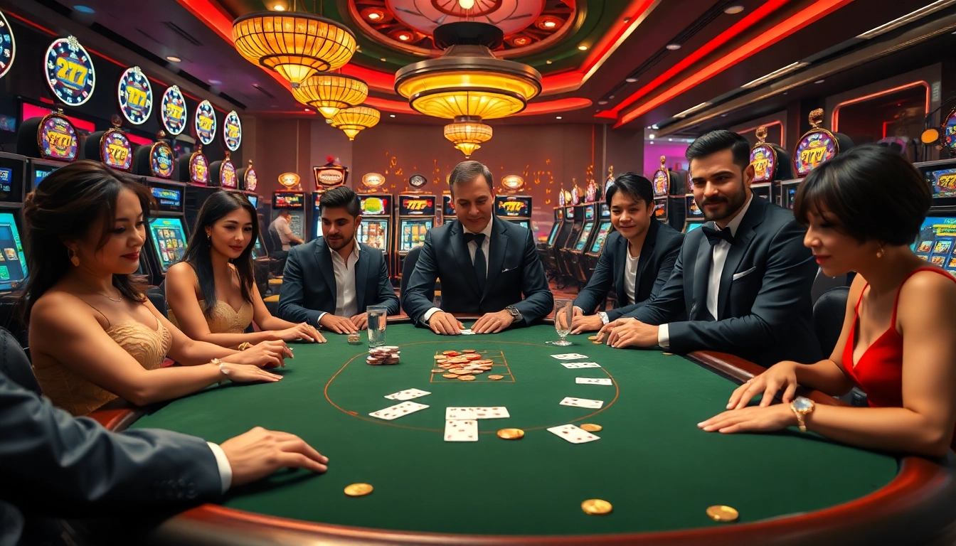 A winning moment at the casino showcasing the excitement of 555 win with chips, cards, and players.