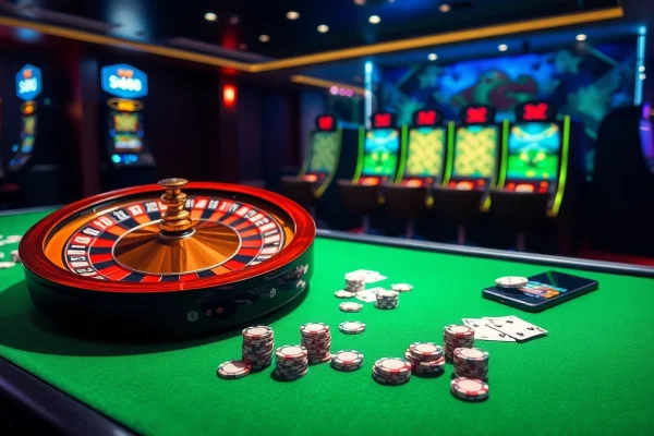 Sky88 nạp tiền process illustrated with elegant casino tables and vibrant slot machines.