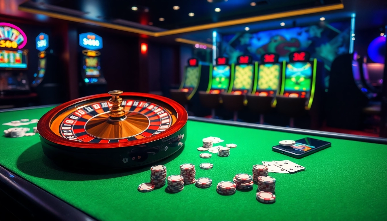 Sky88 nạp tiền process illustrated with elegant casino tables and vibrant slot machines.