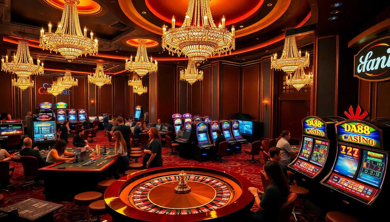 Engaging scene at Da88 casino with roulette table, poker chips, and vibrant slot machines.