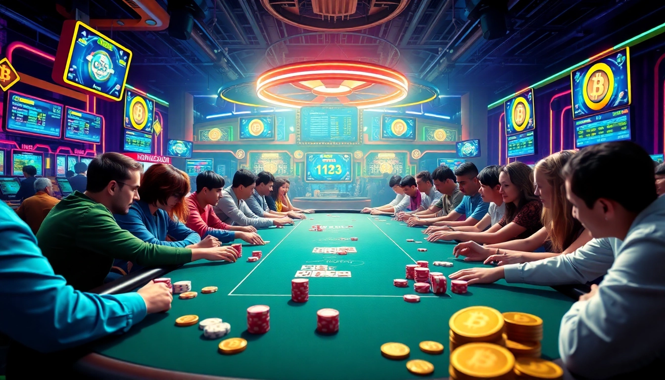 Joueurs engagés dans un crypto casino avec des jetons et des cartes sur une table de poker.