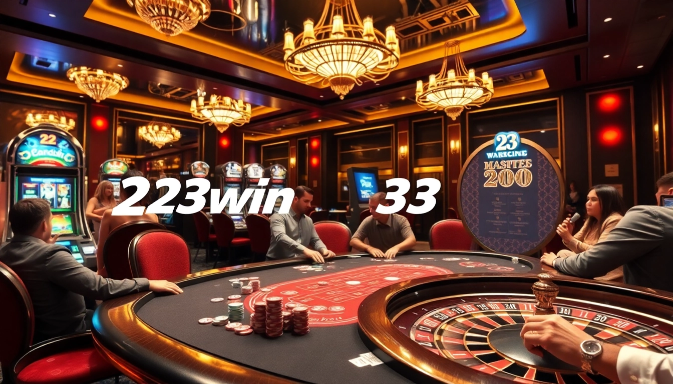 Players enjoying an exciting poker game at 23win's upscale casino, surrounded by vibrant slot machines and luxury decor.