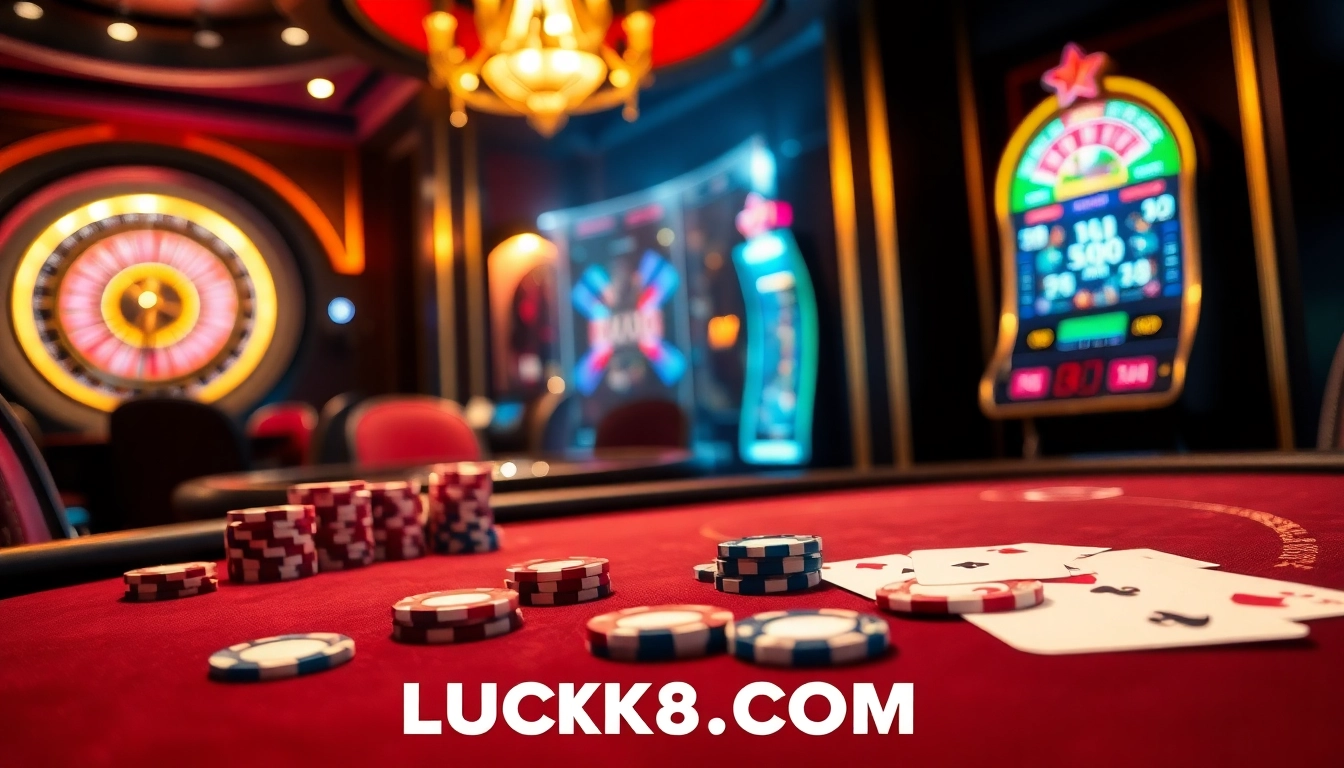 Experience the excitement of LUCK8.COM with vibrant casino action featuring a poker table and roulette wheel.