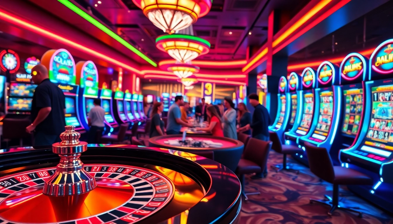 Joueurs heureux profitant d'un casino en ligne vibrant et dynamique avec jeux divers.