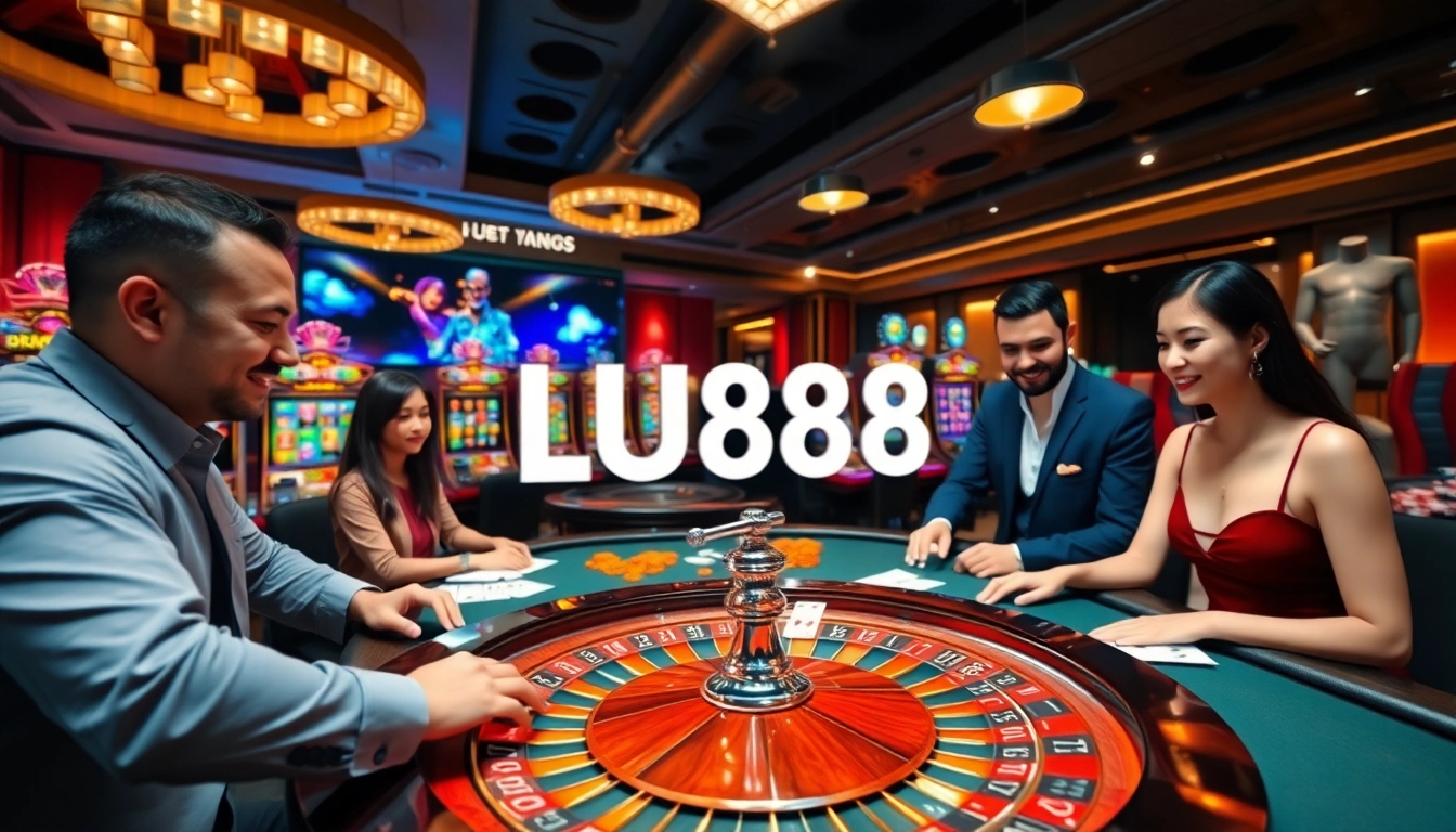 Exciting gambling interface showcasing LU88 with roulette and poker action.