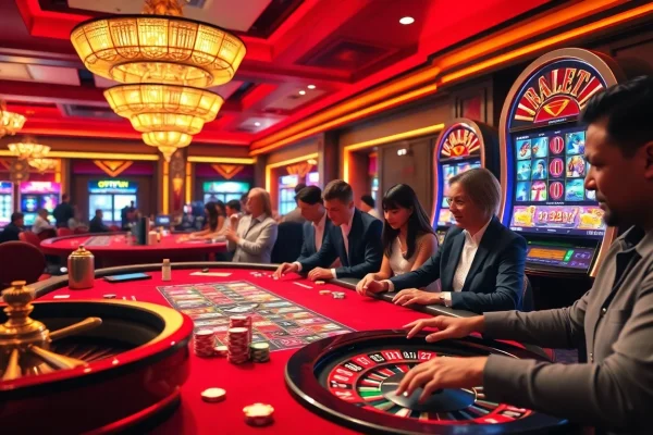 Exciting casino atmosphere with diverse players enjoying games at Okfun.