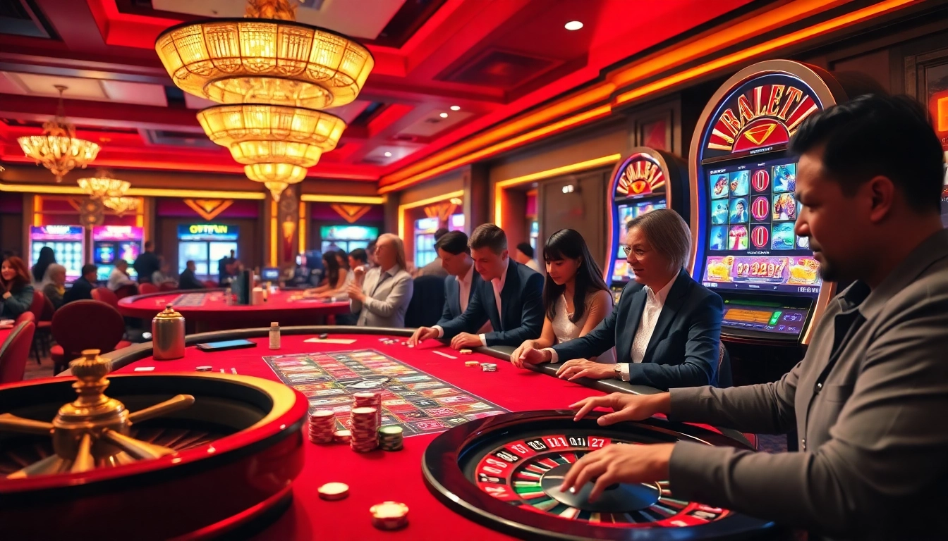 Exciting casino atmosphere with diverse players enjoying games at Okfun.
