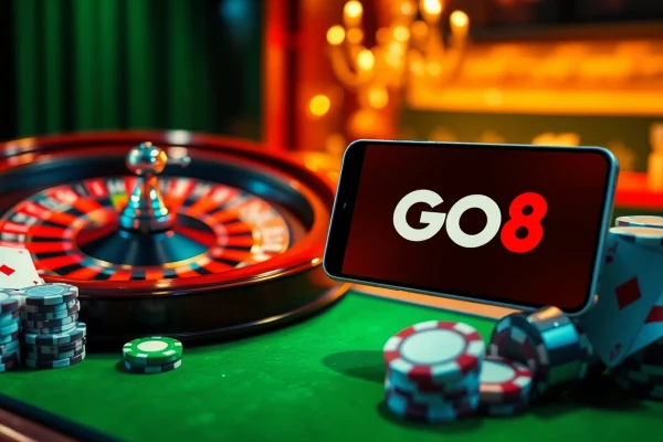Engaging scene of online gambling with Đăng Nhập GO8 displayed on a smartphone, showcasing casino elements.