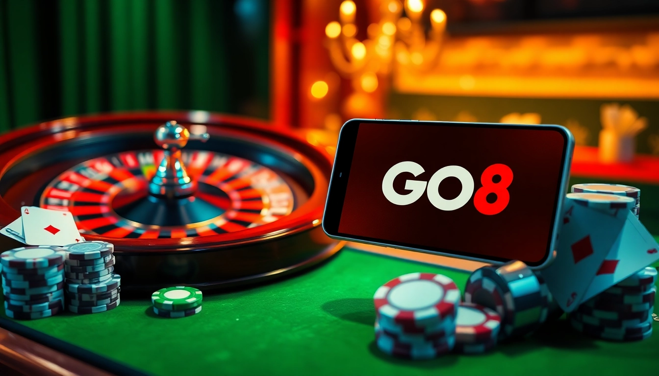 Engaging scene of online gambling with Đăng Nhập GO8 displayed on a smartphone, showcasing casino elements.