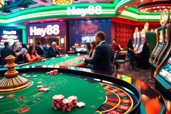 Engaged players enjoying high-stakes action at Hay88 casino, showcasing vibrant gambling excitement.
