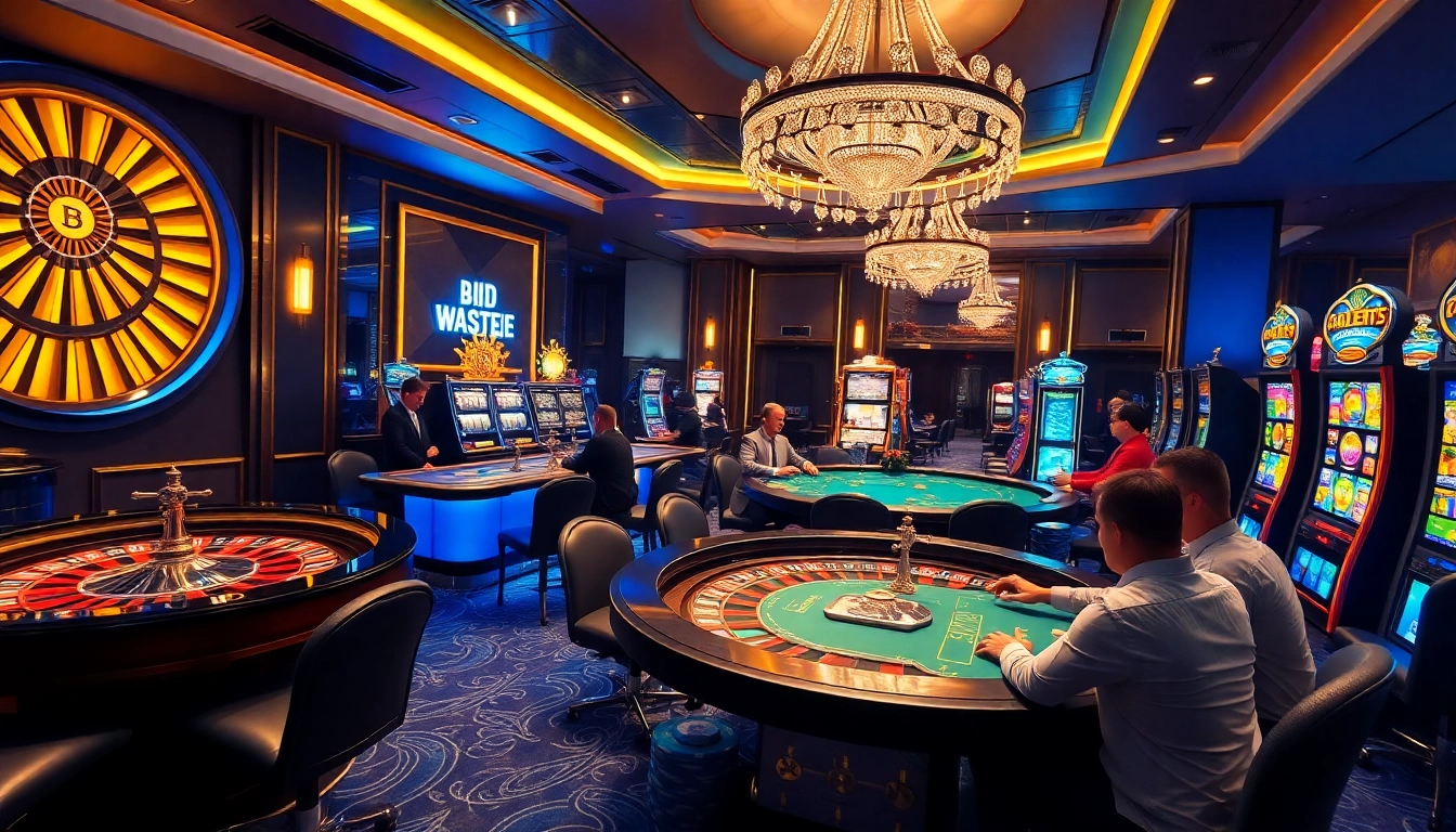 Scène captivante d'un casino crypto présentant des jeux dynamiques et une ambiance luxueuse.
