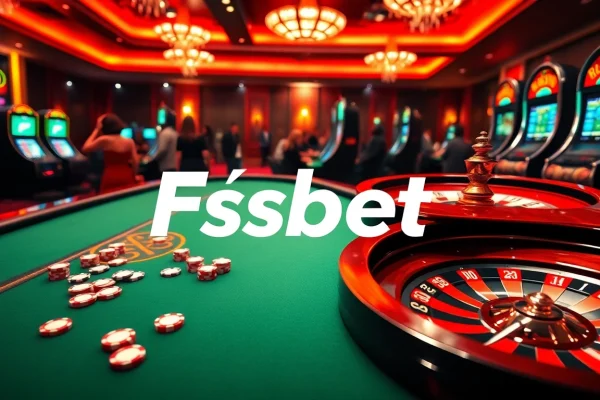 Engaging scene showcasing nhà cái Fsbet with lively casino tables and vibrant poker chips.