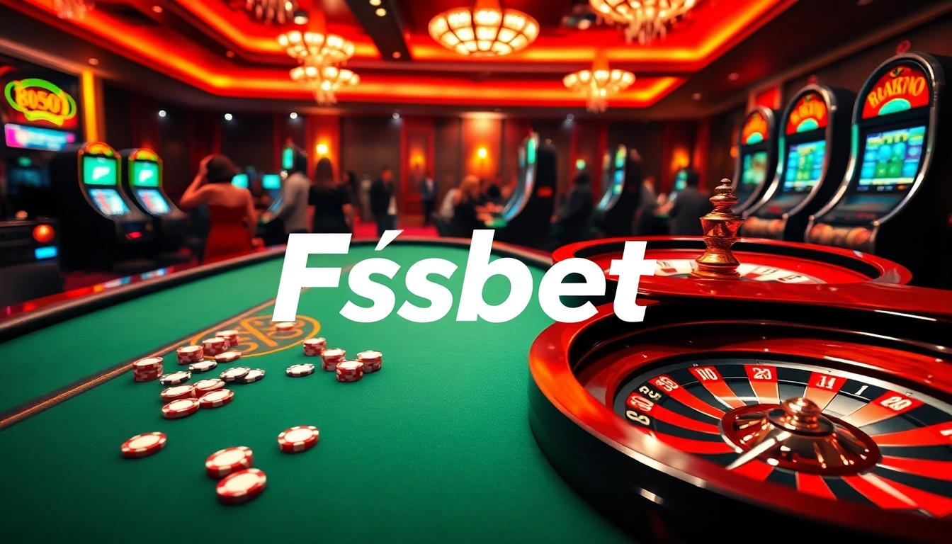 Engaging scene showcasing nhà cái Fsbet with lively casino tables and vibrant poker chips.