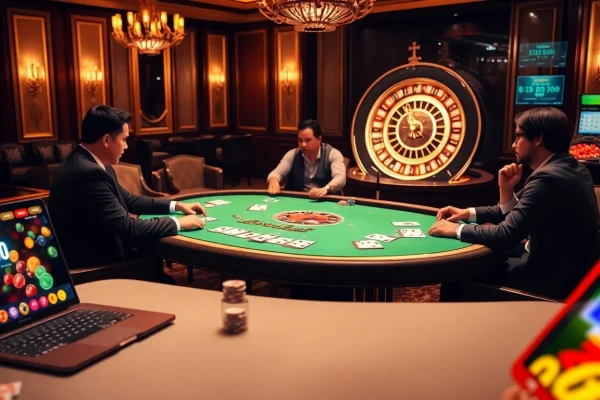 Players enjoying a high-stakes game at nhà cái Fabet's luxurious poker table.
