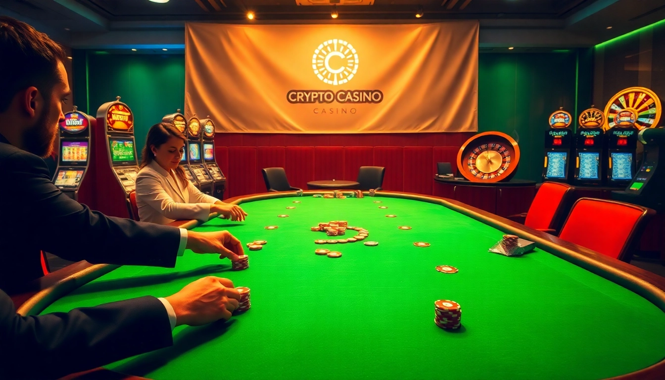 Des joueurs profitant de parties de poker intenses dans un casino crypto dynamique avec des machines à sous lumineuses.
