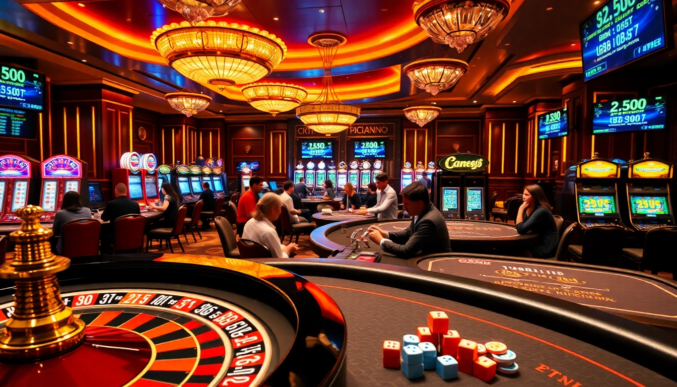 Engaged players enjoying the excitement of crypto casinos with vibrant tables and slot machines.