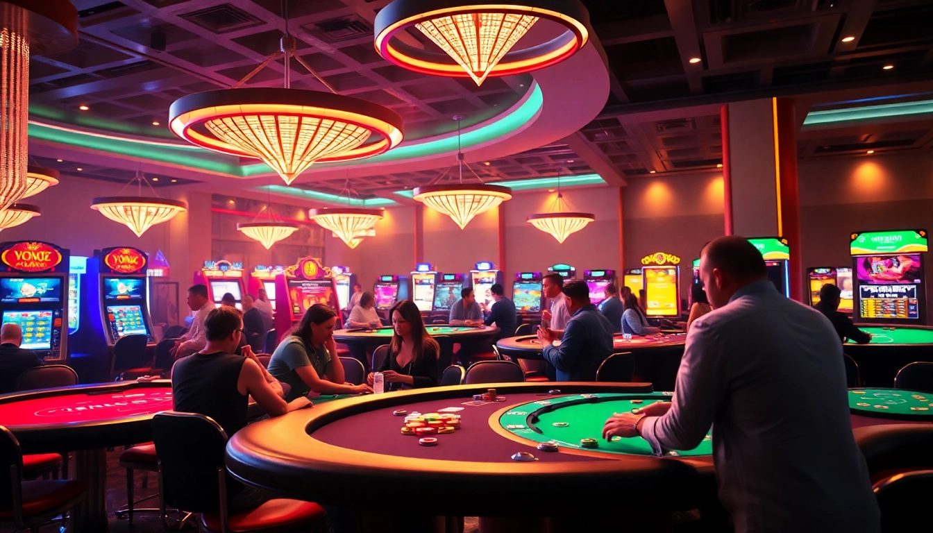 Joueurs engagés aux tables de jeu dans un casino en crypto, décoré de lumières LED colorées.