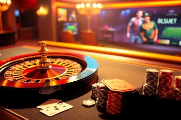 Engaging casino scene showcasing Fsbet rút tiền with poker chips, roulette wheel, and online gambling interface.