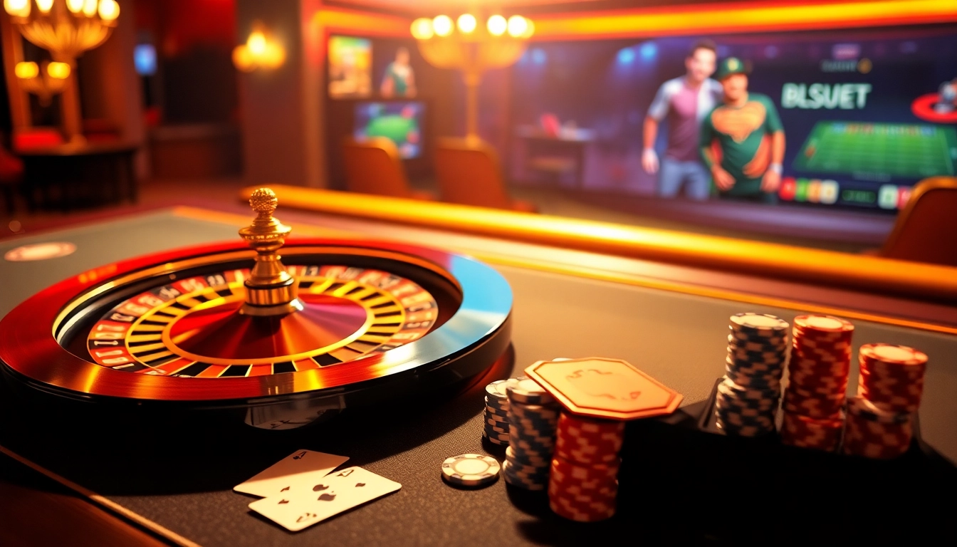 Engaging casino scene showcasing Fsbet rút tiền with poker chips, roulette wheel, and online gambling interface.