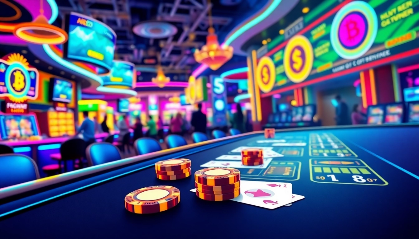 Le crypto casino animé avec des tables de jeu modernes et des joueurs enthousiastes.