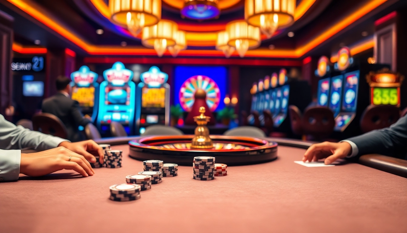 S8 gaming experience with players at a luxurious casino poker table and vibrant roulette wheel.