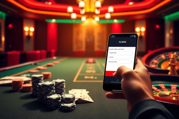 Engaging visual of a user accessing kuwin đăng nhập on a mobile device amidst vibrant casino elements.