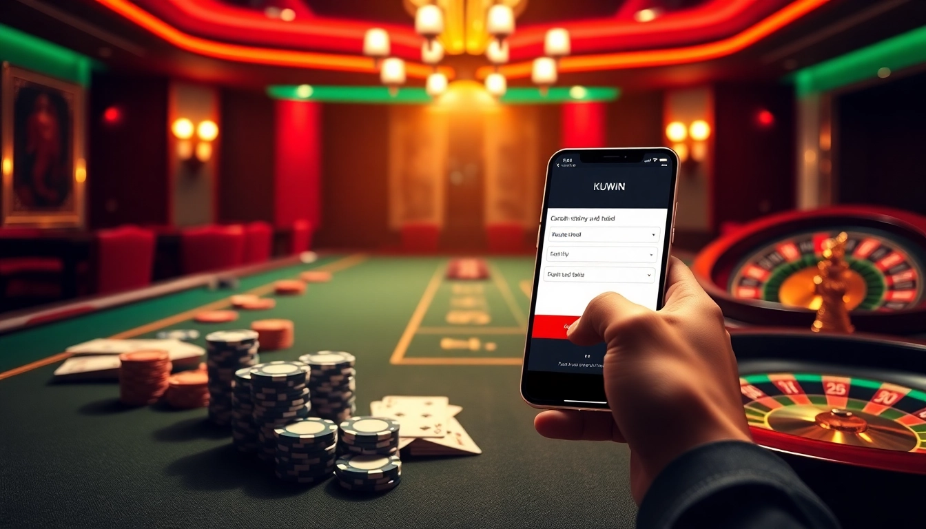 Engaging visual of a user accessing kuwin đăng nhập on a mobile device amidst vibrant casino elements.