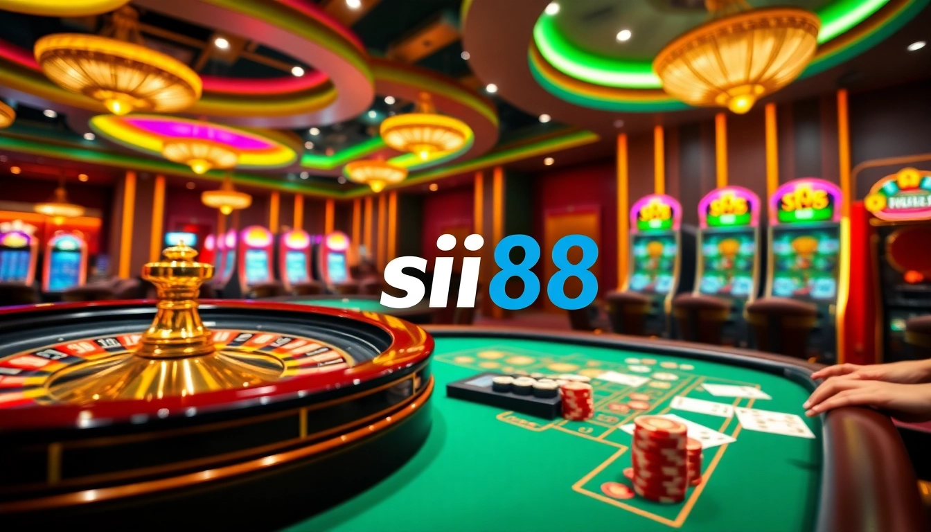 Siu88 Casino scene with vibrant roulette wheel and excited players engaged in high-stakes poker.
