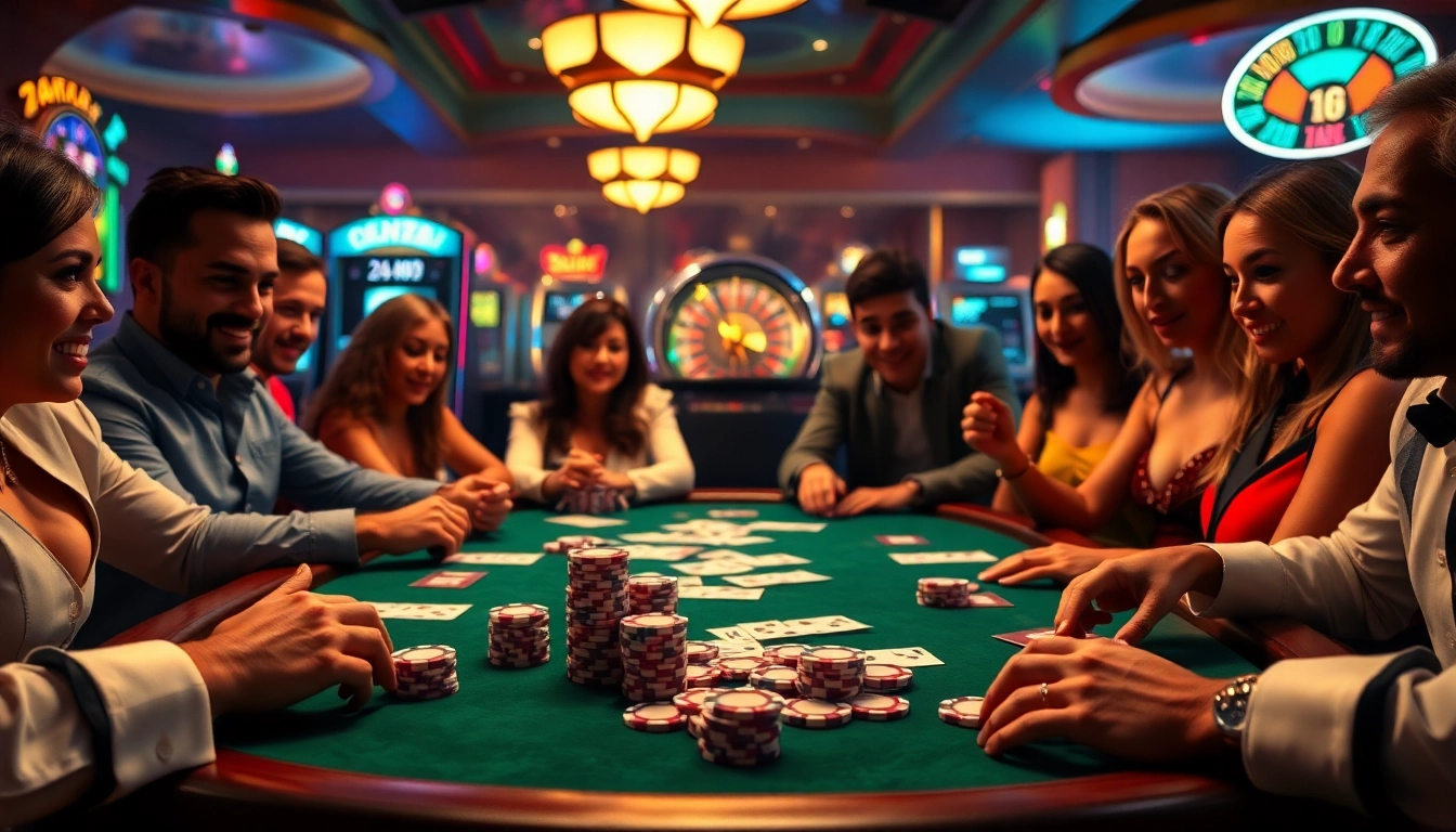Exciting poker game at rikvip with vibrant chips and eager players at a luxurious casino table.