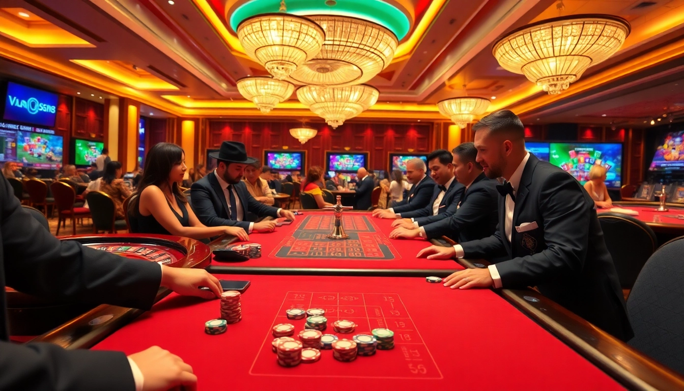 Players enjoying a thrilling game at nhà cái VUA88 casino table, highlighting excitement and engagement.
